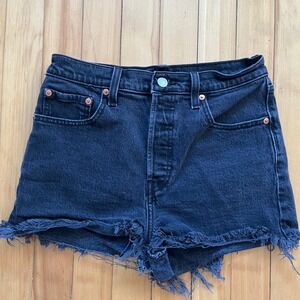 Levi's Ribcage Shorts Black Denim High Waisted Frayed Hem Size 28